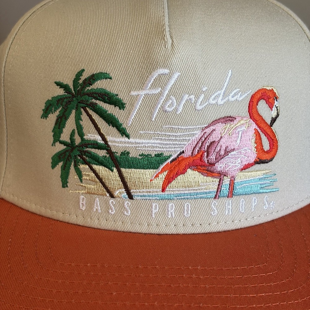 Bass Pro Shops Florida Flamingo Flat Bill Hat SnapBack White and Orange - Picture 2 of 10